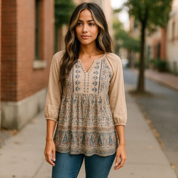 VINTAGE AMERICA Floral Peasant Top M Shirt Boho Woodstock Paisley 3/4 Sleeves - Picture 1 of 13